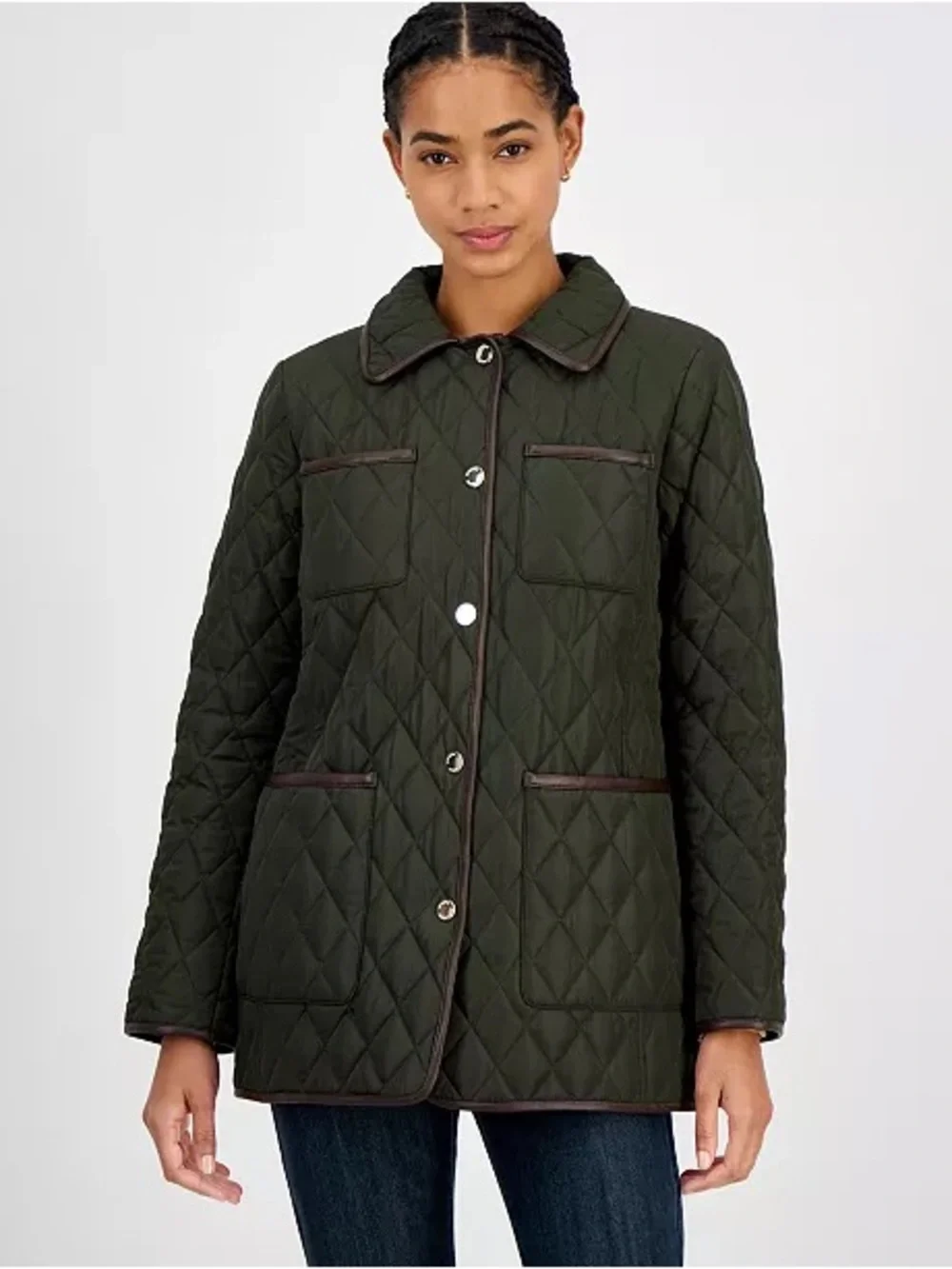 Michael Kors Women’s Quilted Jacket Size M Olive Green Faux Leather Trim Flaw